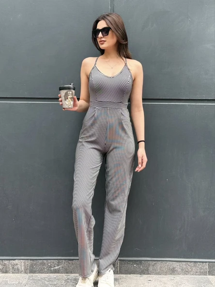 Kadın İp Askılı Siyah Beyaz Çizgili Uzun Basic Tulum ürün görseli 1