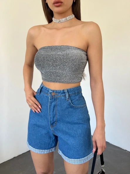 Kadın Duble Paça Yıkamalı Rahat Denim Şort - Resim 3