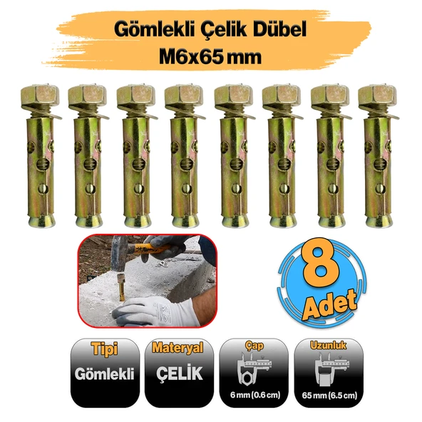 ( 8 Adet ) Saplamalı Gömlek Çelik Dübel M6x65 mm Raf Montaj Bağlantı Zemin Monte Betona Asma Aparat ürün görseli 1