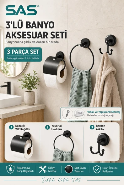 SAS Banyo Aksesuar Seti Yuvarlak Havluluk Kapaklı Tuvalet Kağıtlığı 3 Lü Set SİYAH ürün görseli 1