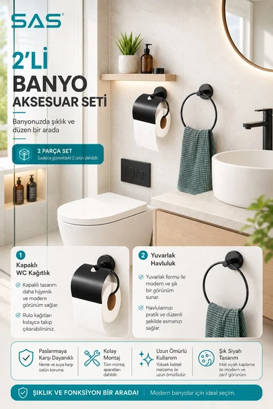 SAS Banyo Aksesuar Seti Yuvarlak Havluluk Kapaklı Tuvalet Kağıtlığı 2 Li Set SİYAH ürün görseli 1