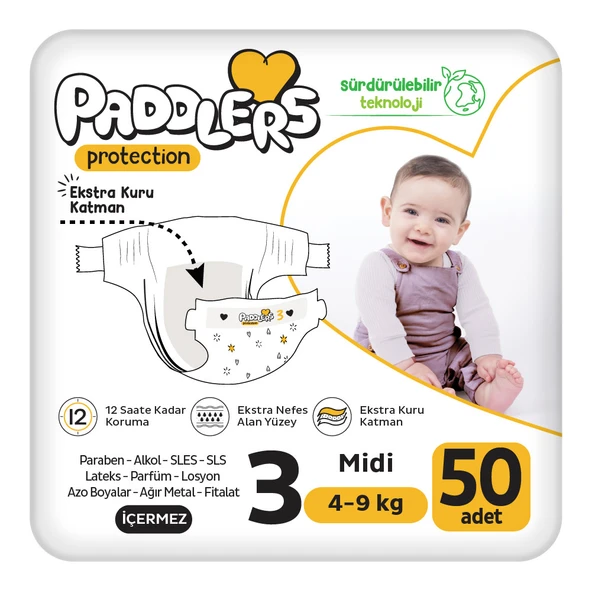 Paddlers Protection Bebek Bezi 3 Numara Midi 50 Adet (4-9 Kg) Jumbo Paket ürün görseli 1