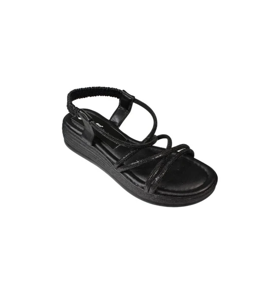 YAZKIŞ Kadın Siyah  Beyaz Cilt Çift Bantlı Üzeri Çapraz Taşlı 4cm Arkası Lastikli Kalın Taban Sandal ürün görseli 1