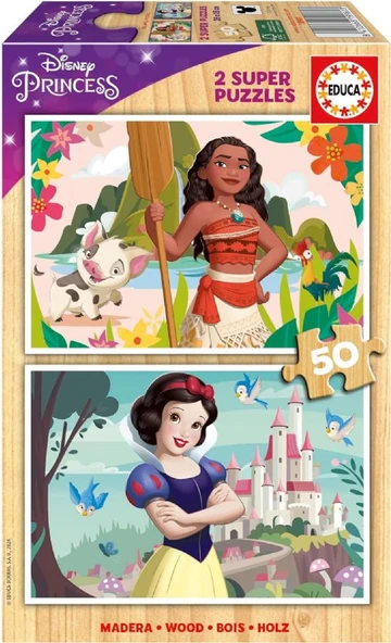 Educa 2x50 Disney Vaiana ve Pamuk Prenses Kız Çocuk Ahşap Puzzle - 4-6 Yaş ürün görseli 1