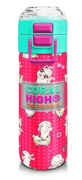 Coral High 500 ml Kız Çocuk Pipetli Termos/Matara - Neon Mercan SuYeşili Alpaka Desenli  - Çift Kullanım Özelliği ürün görseli 1