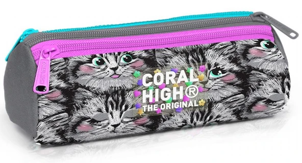 Coral High Üç Gözlü Okul Kalem Çantası - Kız Çocuk - Gri Pembe Kedi ürün görseli 1