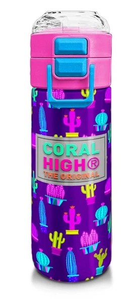 Coral High Kız Çocuk İçin 500 ml'lik Paslanmaz Çelik Termos/Suluk - Mor Pembe Kaktüs Desenli ürün görseli 1