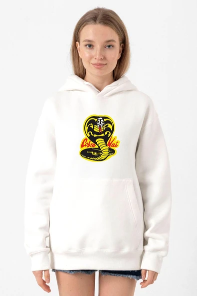 Cobra Kai Logo Beyaz Kadın 3ip Kapşonlu Sweatshirt ürün görseli 1