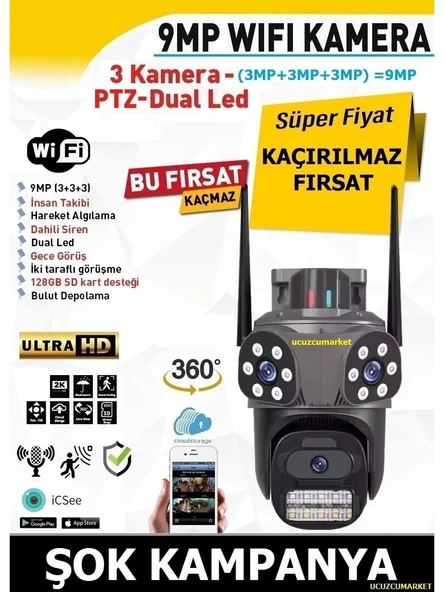 Üç Kameralı Speed Wifi Kamera (Alarm Siren- Uzaktan izleme-Kayıt Etme-Gece Görüş-Hareket Algılama) ürün görseli 1