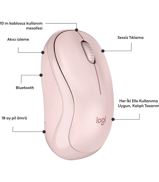 Logitech M240 Sessiz Kompakt Kablosuz Bluetooth Mouse - Pembe - Resim 7