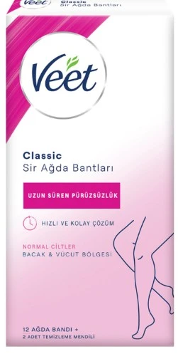 Veet Classic Sir Ağda Bantları Tüm Ciltler Bacak & Vücut 12 Adet Bant + 2 Adet Temizlik Mendili ürün görseli 1