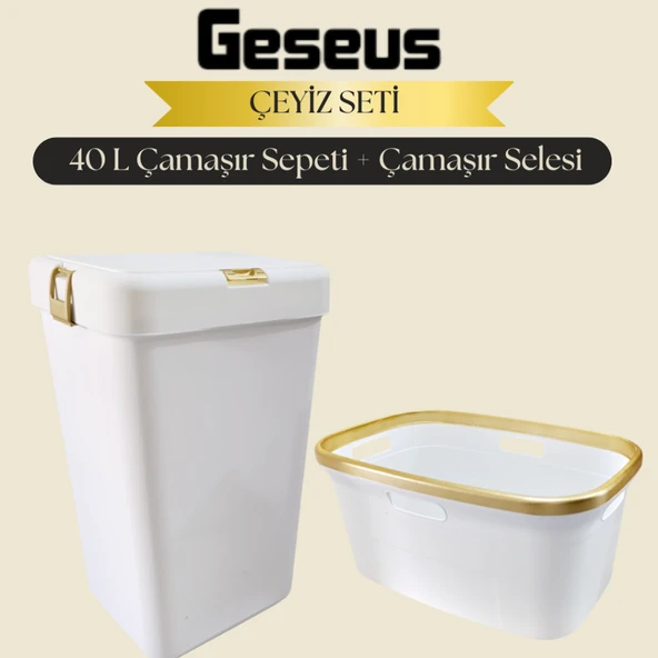 Geseus Motek Tekli 40 Lt Kirli Çamaşır Sepeti+Çamaşır Selesi Ikili Set, Çeyiz Seti Gold+Beyaz ürün görseli 1