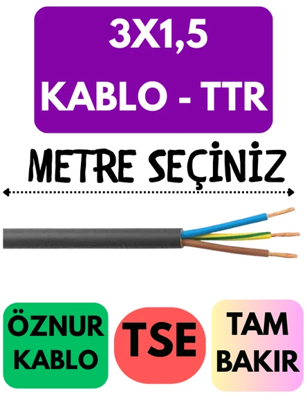 Öznur 3X1,5 TTR Kablo Metre Seçenekli (Siyah) ürün görseli 1