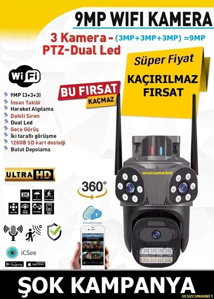 Üç Kameralı Speed Wifi Kamera (Alarm Siren- Uzaktan Izleme-Kayıt Etme-Gece Görüş-Hareket Algılama) ürün görseli 1