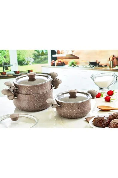 OMS 3027 6 Parça Granit Güveç Set Cam Kapaklı Kahverengi ürün görseli 1
