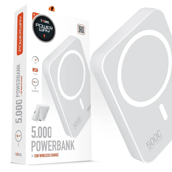 Powerway 5.000Mah PD15W Magsafe Kablosuz Wireless Taşınabilir Şarj Cihazı Beyaz Powerbank TXM5 ürün görseli 1