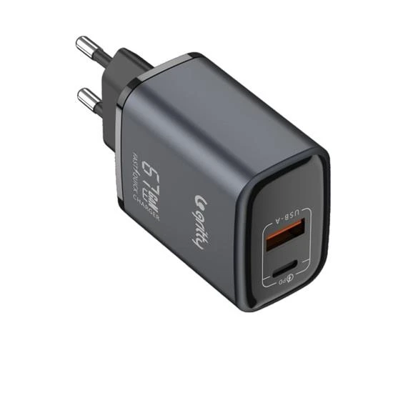Gritty GAN 67W Notebook Şarjlı 2 Portlu USB-A Type-C PD Hızlı Şarj Adaptörü Siyah (GC-U67) ürün görseli 1