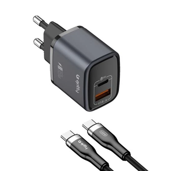Gritty GAN 35W 2 Portlu USB-A Type-C PD Şarj Aleti Siyah+Type-C to Type-C Şarj Kablosu (GC-U35CC) ürün görseli 1