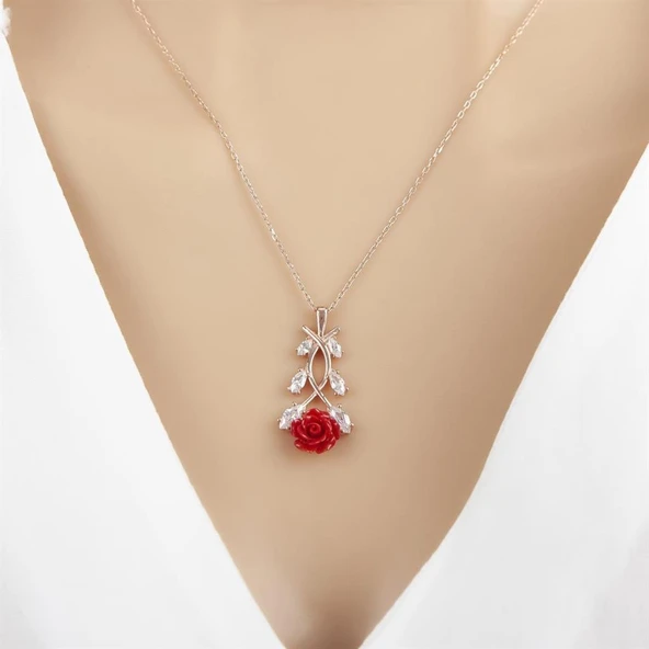 Kırmızı Gül Desenli Rose Kaplama 925 Gümüş Kadın Kolye ürün görseli 1