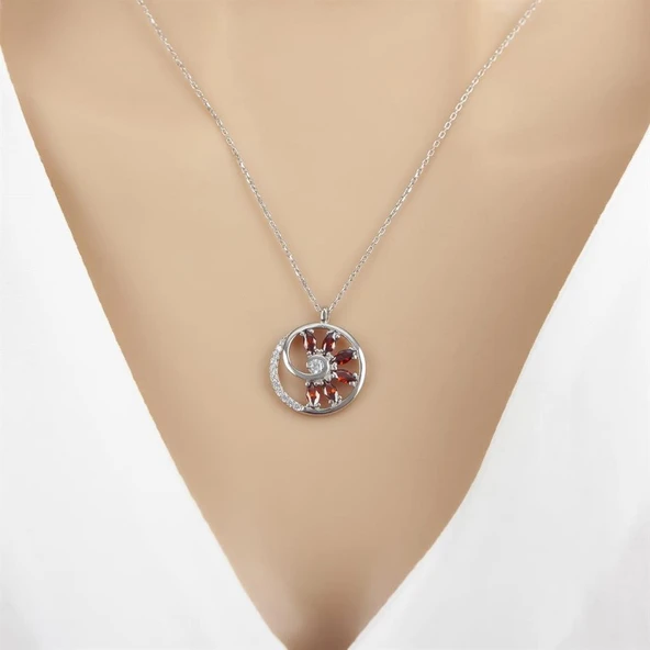 Kırmızı Taşlı Rodyum Kaplama 925 Gümüş Kadın Kolye ürün görseli 1