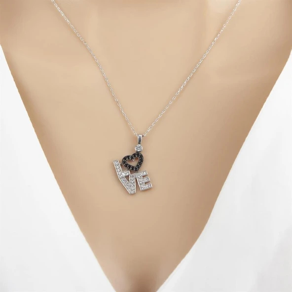 Love Yazılı Taşlı  925 Gümüş Kadın Kolye ürün görseli 1