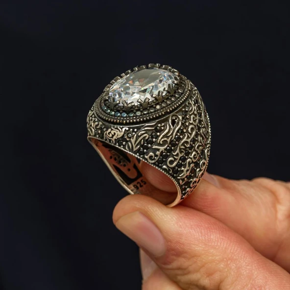 Oval Beyaz Zirkon Taşlı 925 Gümüş Erkek Yüzük ürün görseli 1