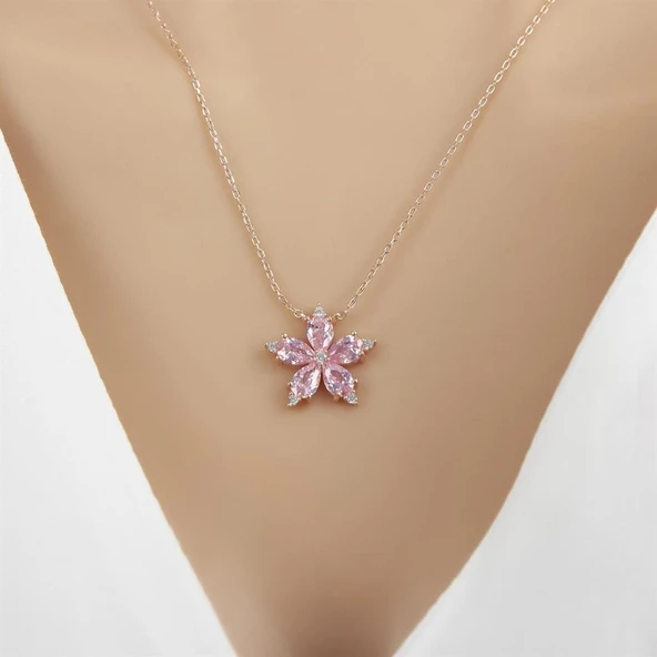Pembe Taşlı Kamelya Çiçeği 925 Gümüş Kadın Kolye ürün görseli 1