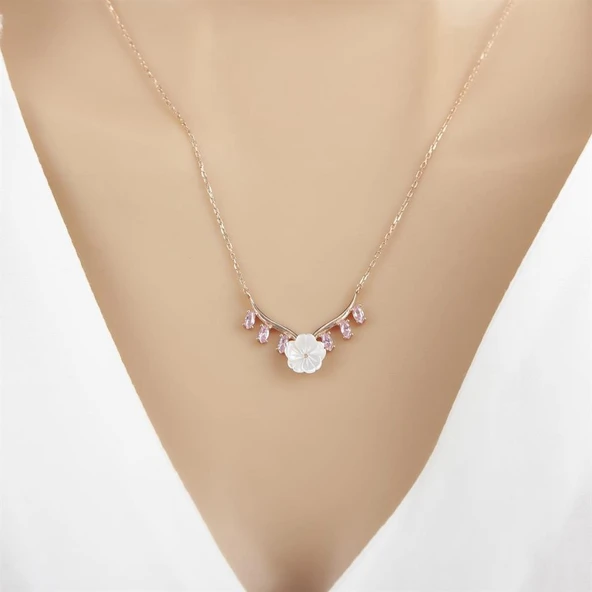 Çiçek Desenli Rose Kaplama 925 Gümüş Kadın Kolye ürün görseli 1