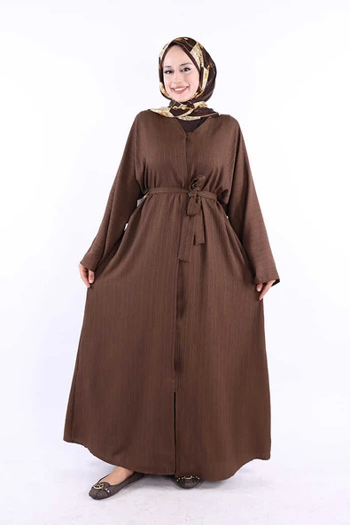 Çıt Çıt Düğmeli Bel Kuşaklı Abaya 70017 Kahverengi ürün görseli 1