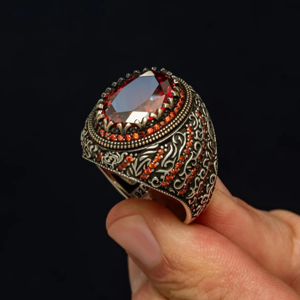 Oval Kırmızı Taşlı 925 Gümüş Erkek Yüzük ürün görseli 1