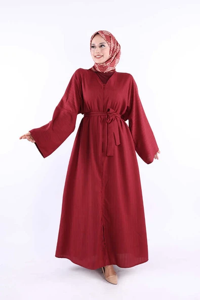 Çıt Çıt Düğmeli Bel Kuşaklı Abaya 70017 Bordo ürün görseli 1