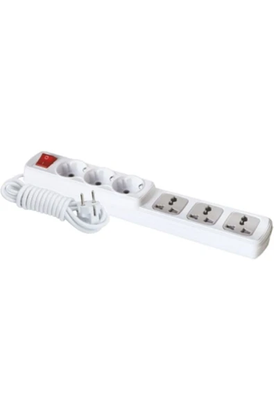 F303C – 3+3 Anahtarlı Universal Grup Priz 5 Metre | Uzun Kablolu, Anahtarlı Güç Dağıtımı ürün görseli 1