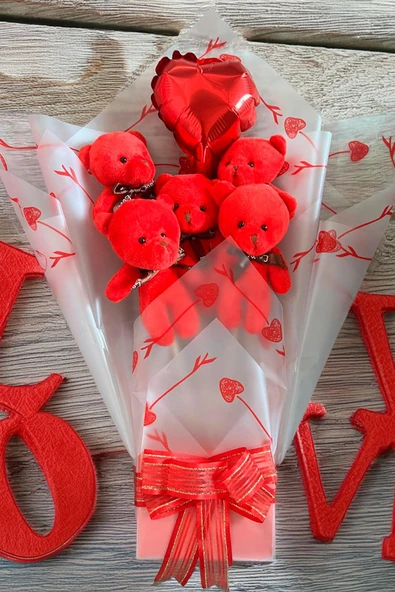 Sole Sevgiliye Özel Kırmızı Konsept Balonlu Romantik Peluş Ayıcık Buketi ürün görseli 1