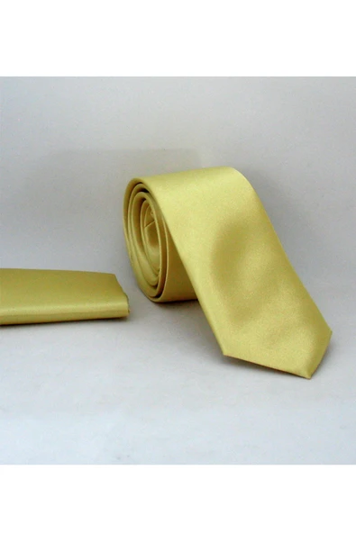 Açık Gold Slim Fit (ince) Düz Renk Mendilli Saten Kravat - SS-36 ürün görseli 1