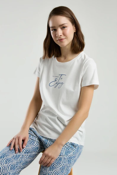 Arnetta Premium Great Moments To Enjoy Kadın Beyaz Kısa Kol Pamuklu Pijama Takım ürün görseli 1