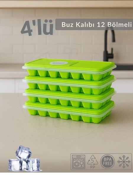 4'lü Set Buz Kalıbı 12 Bölmeli Esnek Silikon Buz Küpü BPA FREE Kare Bas Parmak Buzluk 3x3 Yeşil ürün görseli 1