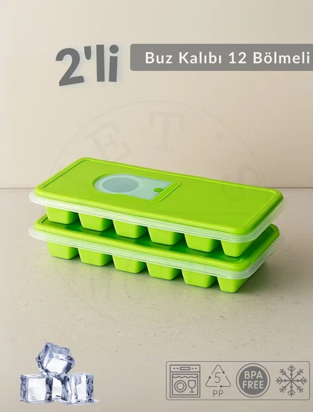 2'li Set Buz Kalıbı 12 Bölmeli Esnek Silikon Buz Küpü BPA FREE Kare Bas Parmak Buzluk 3x3 Yeşil ürün görseli 1