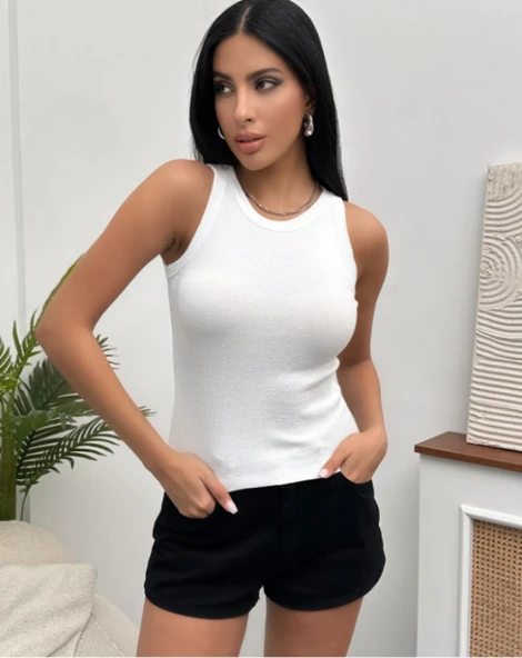Kadın Esnek Crop Halter Yaka Fitilli Örme Bluz - Resim 3