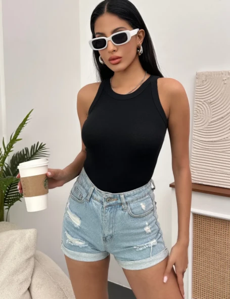Kadın Esnek Crop Halter Yaka Fitilli Örme Bluz - Resim 2