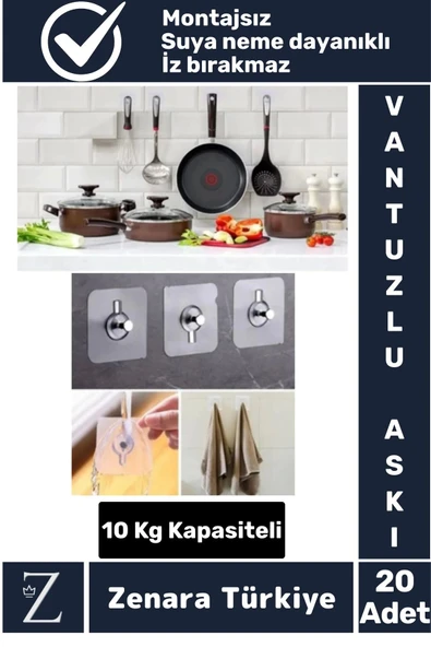 Premium Suya Neme Ekstra Dayanıklı Montajsız Banyo Mutfak Ultra Güçlü Vantuzlu Askı 20 Adet ürün görseli 1