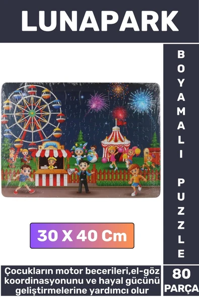 Premium Eğlenceli El Göz Koordinasyonu Motor Becerisi Geliştirici 80 Parça Boyamalı Puzzle LUNAPARK ürün görseli 1