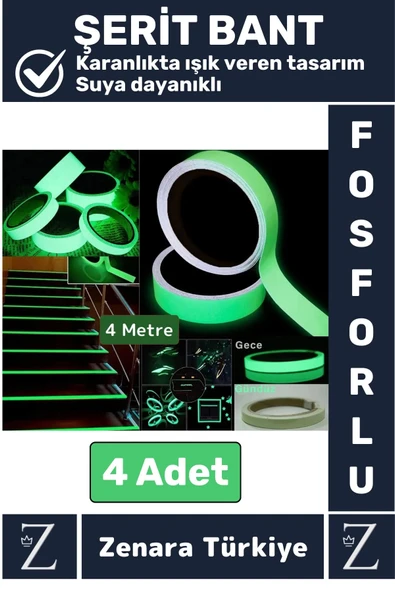 Premium Karanlıkta Işık Veren Suya Dayanıklı Ev Bahçe Merdiven Fosforlu Şerit Bant 4 Metre X 4 Adet ürün görseli 1