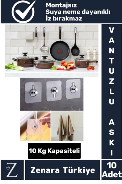 Premium Suya Neme Ekstra Dayanıklı Montajsız Banyo Mutfak Ultra Güçlü Vantuzlu Askı 10 Adet ürün görseli 1