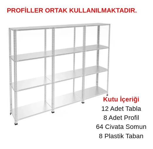 4 Katlı 3'lü Galvaniz Çelik Raf - Depo, Arşiv, Kiler, Dosya, Market Rafı  43x93 cm 200 cm 0.70 mm ürün görseli 1