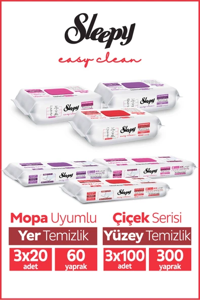 Sleepy Easy Clean Çiçek Serisi 3x100 Yüzey & 3x20 Yer Temizlik Havlusu&Mendili Karma Paket ürün görseli 1