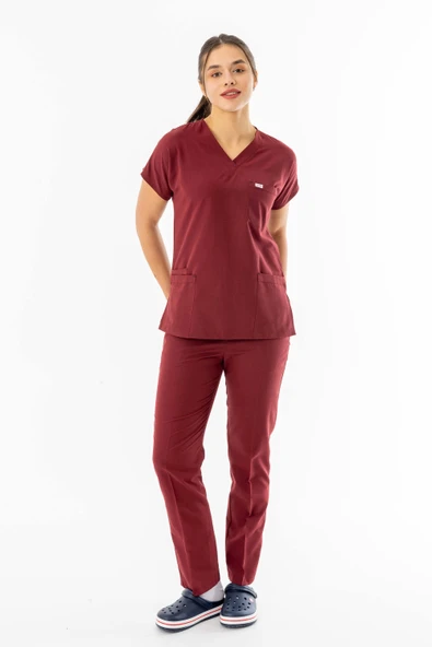 Terikoton Yarasa Kol Doktor Hemşire Forması Alt Üst Takım Bordo (TYRS0003) ürün görseli 1