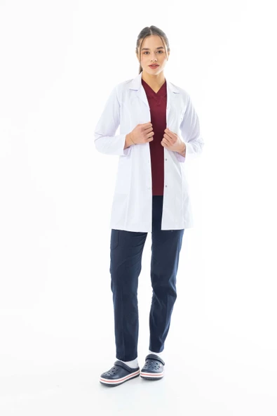 Gömlek Yaka Orta Boy Kadın Doktor Önlüğü Alpaka Kumaş Beyaz (BKO006) ürün görseli 1