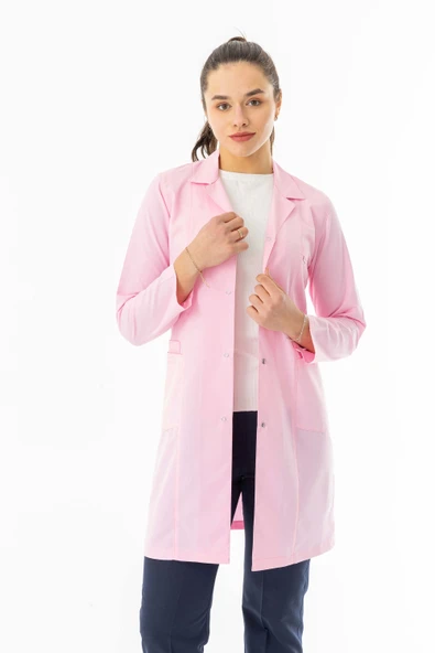 Gömlek Yaka Uzun Kol Kadın Personel Önlüğü Alpaka Kumaş Pembe (RNK111) ürün görseli 1