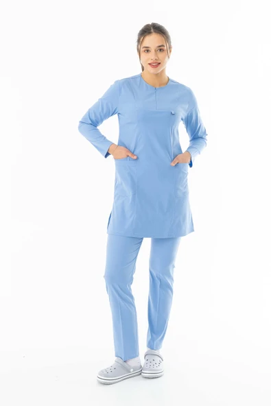 Likra Uzun Kol Doktor Hemşire Forması Alt Üst Takım Açık Mavi (LTST20019) ürün görseli 1
