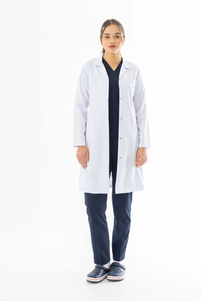 Gömlek Yaka Uzun Boy Kadın Doktor Önlüğü Alpaka Kumaş Beyaz (BKO007) ürün görseli 1